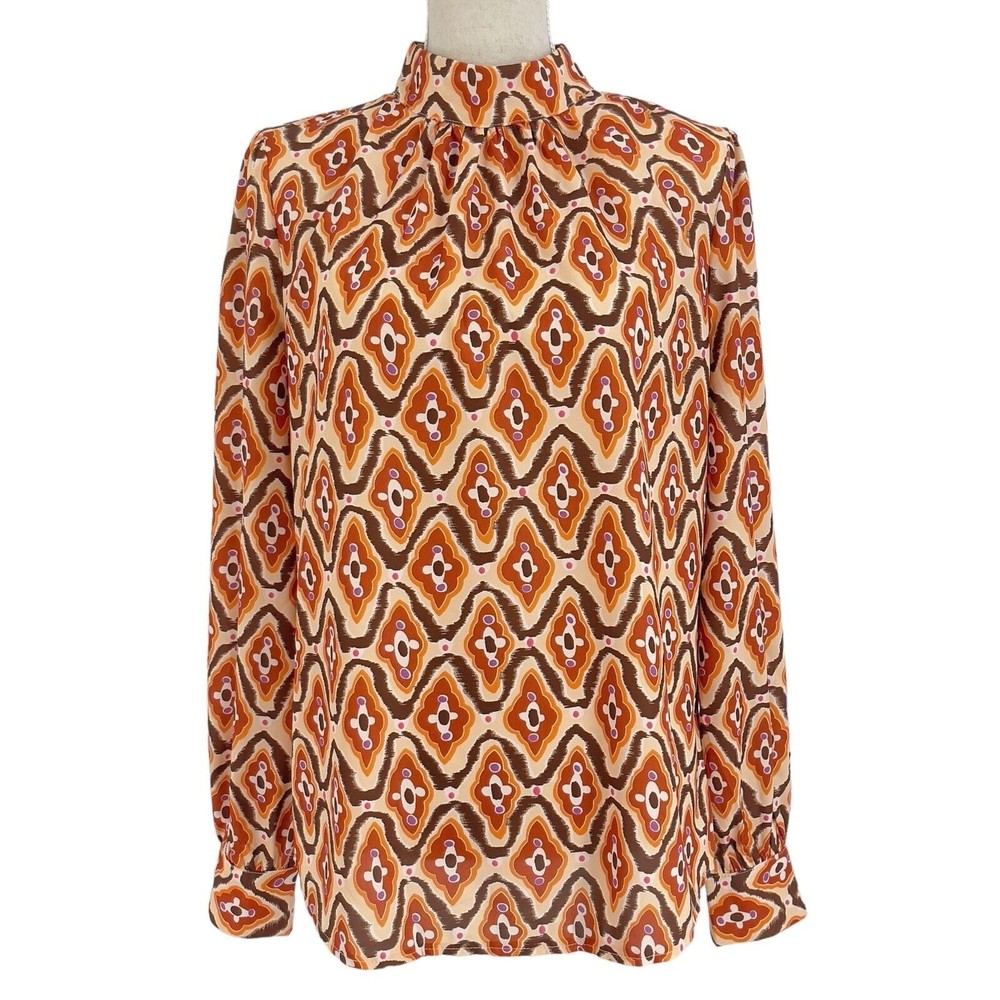 Shein Womens Mock Neck Retro Pleated Blouse Dressy Long Puff Sleeve Size Large